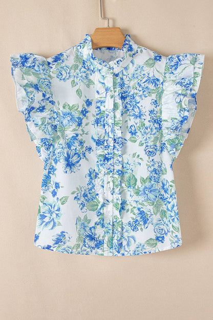 Floral Ruffle Sleeve Buttoned Shirt: Sky Blue