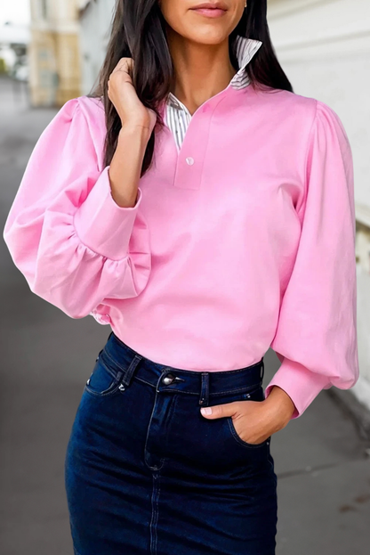 Button Striped Collar Puff Sleeve Sweatshirt