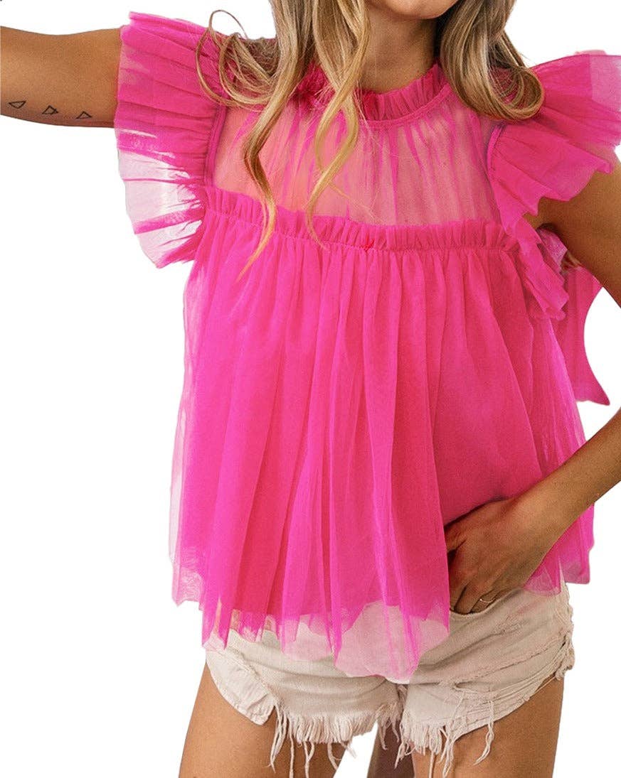 Tulle Ruffle Sleeve Babydoll Blouse Strawberry Pink