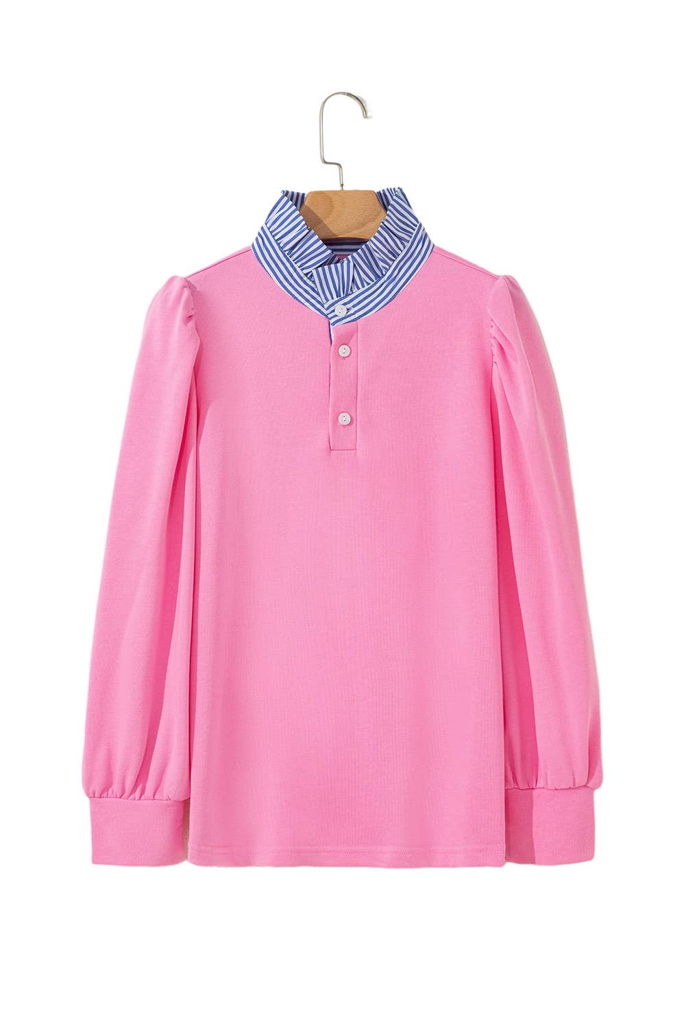 Button Striped Collar Puff Sleeve Sweatshirt