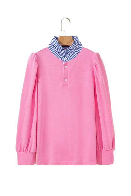 Button Striped Collar Puff Sleeve Sweatshirt