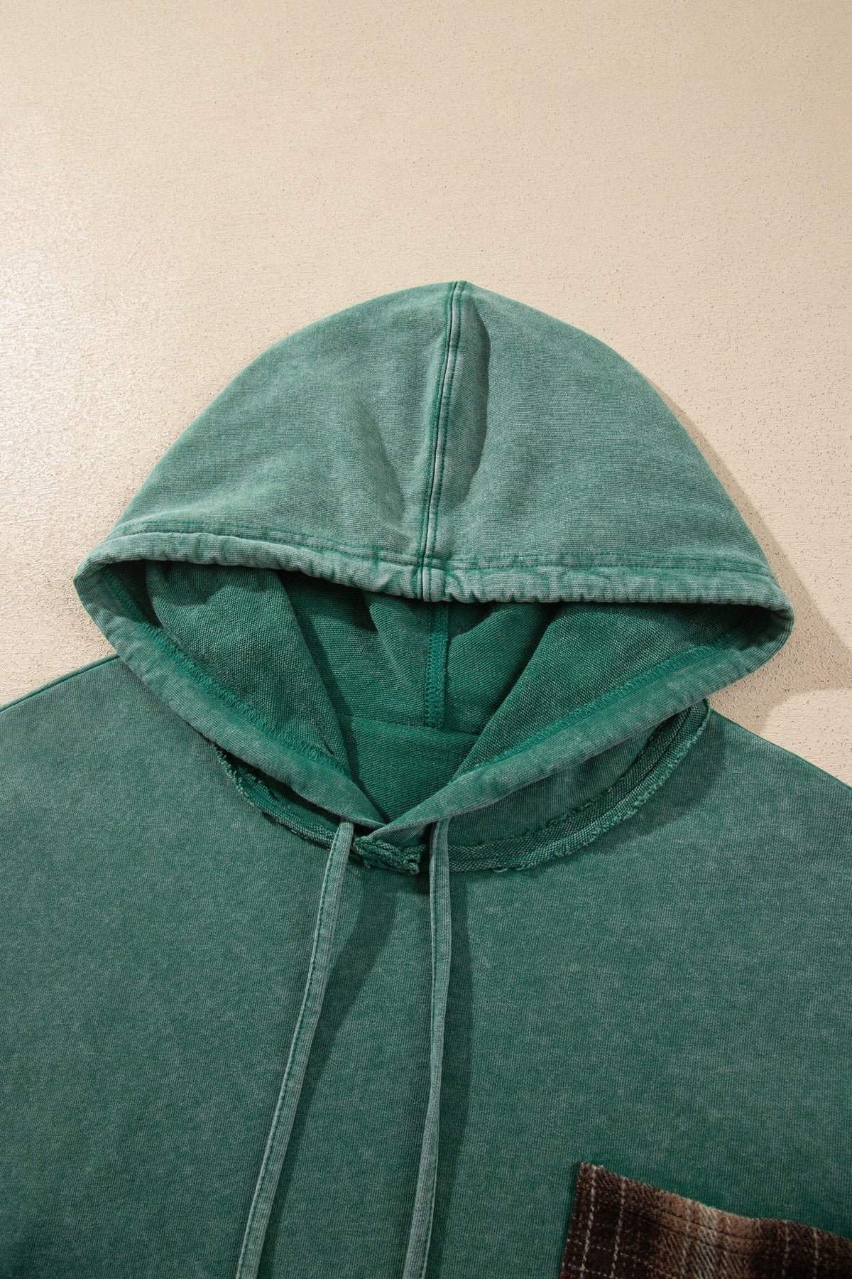 Plaid Patchwork Mineral Wash Drawstring Hoodie