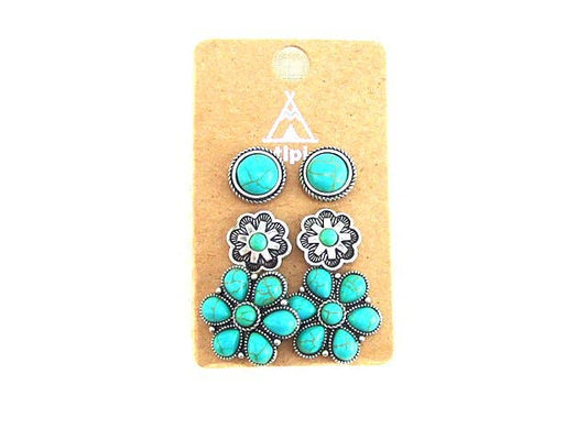 Western 3 Pair Turquoise Post Earring Set: TURQUOISE