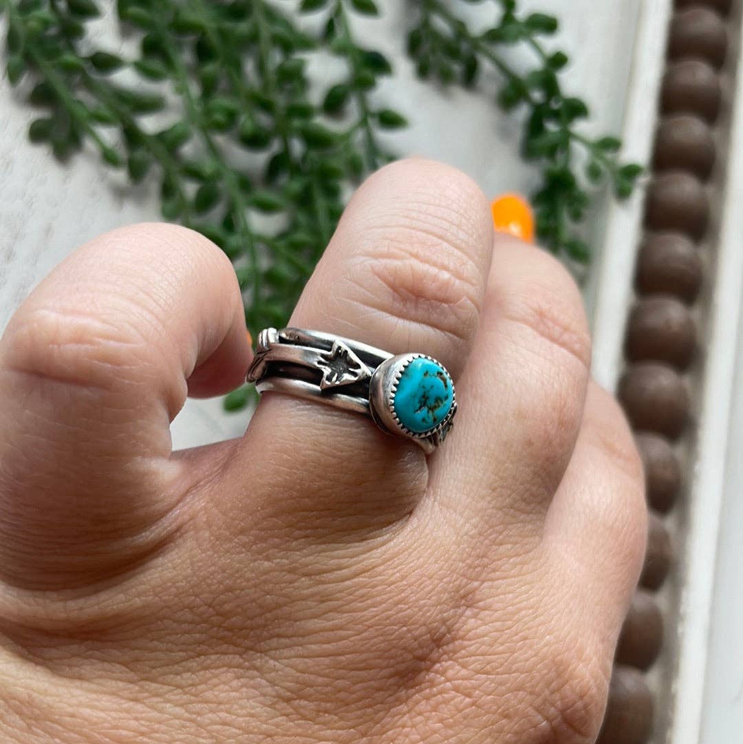 “The Double Arrow” Navajo Turquoise Sterling Silver Ring: 7.25 ring 120