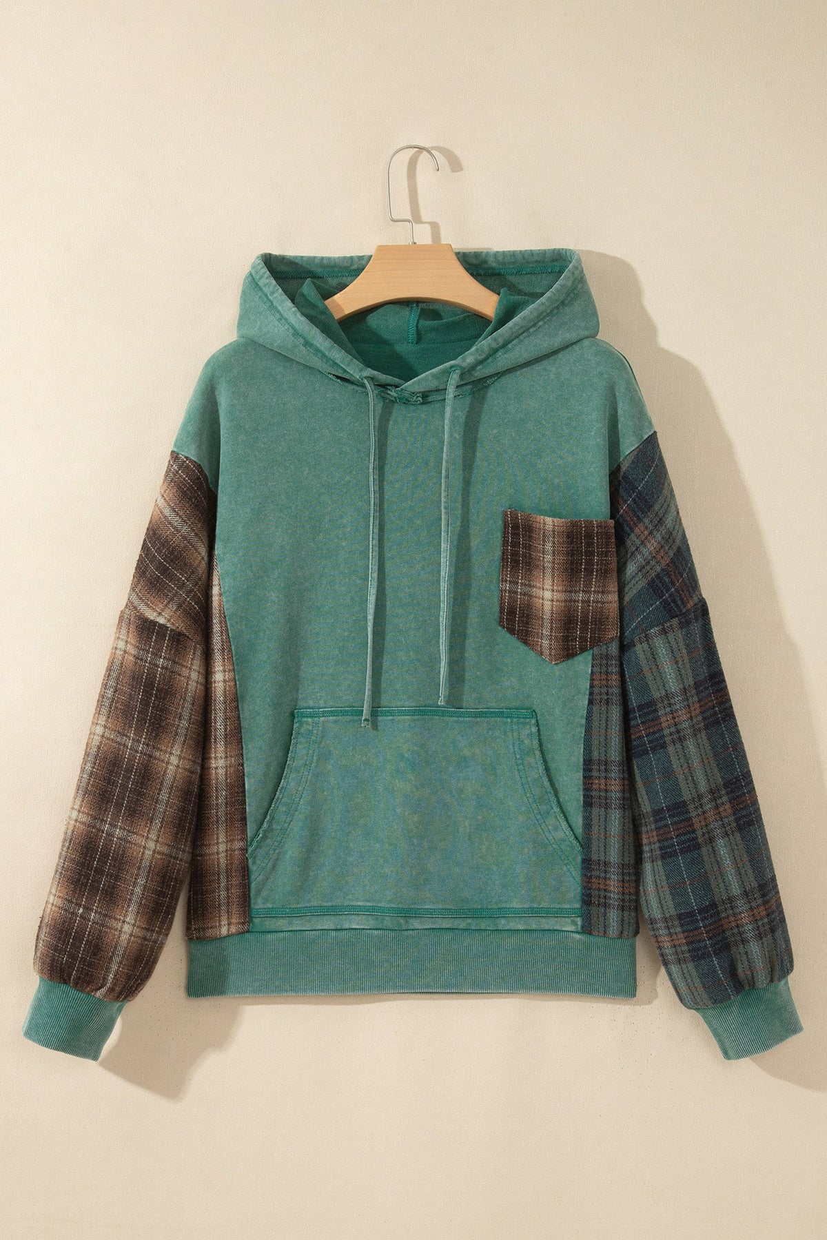 Plaid Patchwork Mineral Wash Drawstring Hoodie