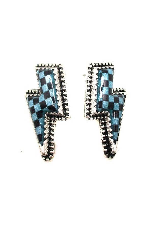 CHECKER THUNDER BOLT STUD EARRINGS: TURQUOISE