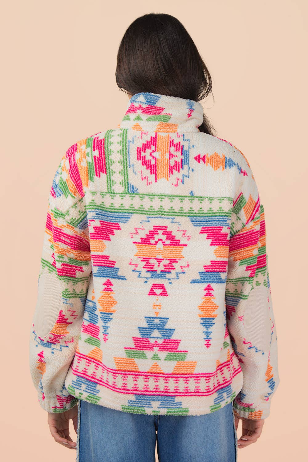 Half Zip Up Aztec & Teddy Bear Graphic Fleece Top