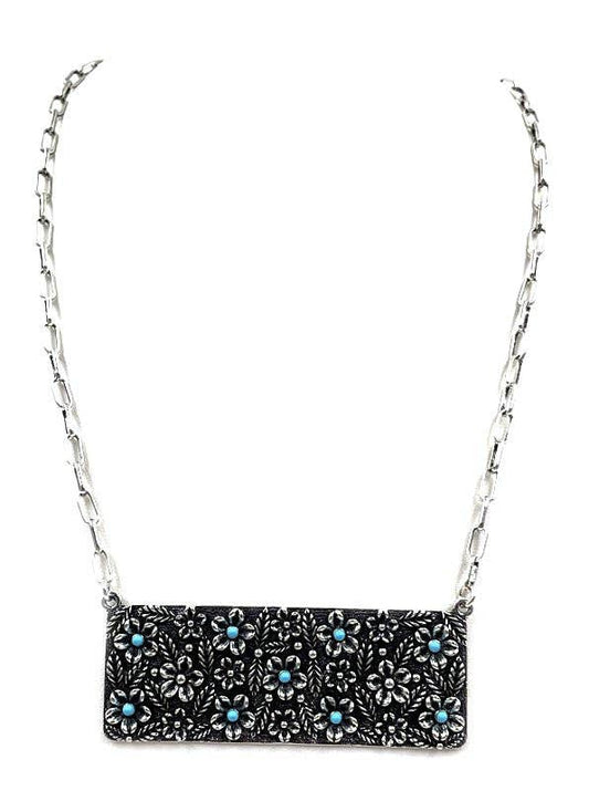 Western Flower Stone Metal Plate Necklace: TURQUOISE