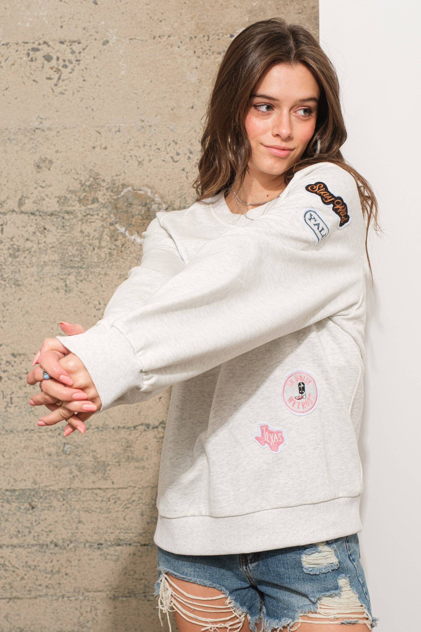 23007T - Cotton French Terry Western Patch Sweatshirt: OATMEAL