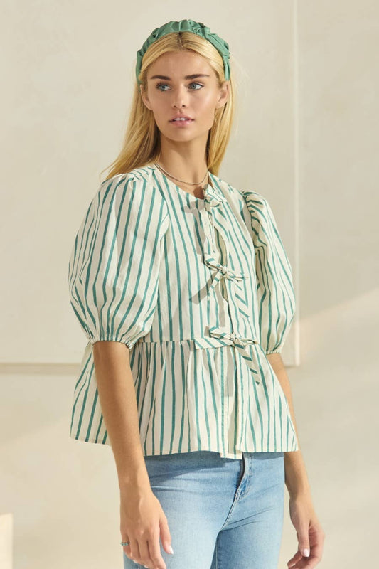 Plus Striped Cotton Poplin Front Tie Ribbon Blouse