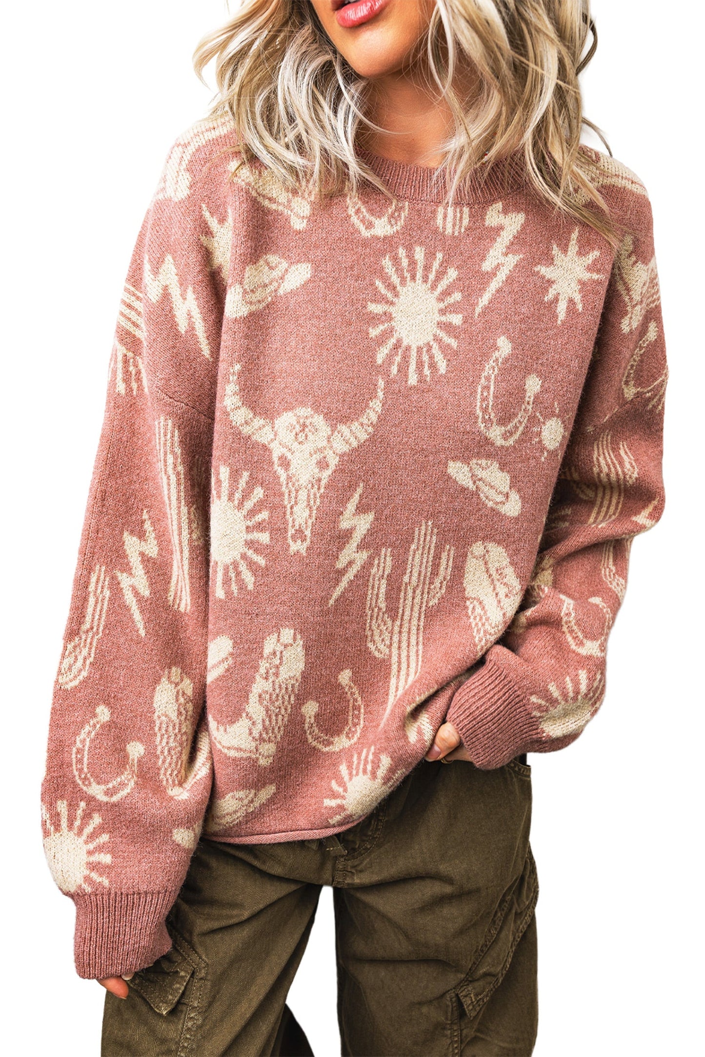 Western Drop Shoulder Long Sleeve Sweater