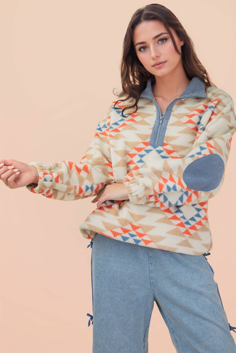 Half Zip Up Aztec & Teddy Bear Graphic Fleece Top