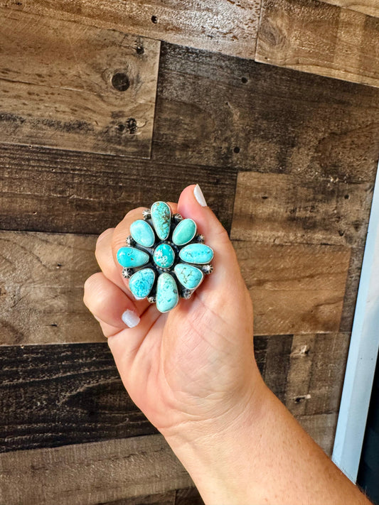 Big flower ring- size 7- Royston  turquoise ring and sterling silver