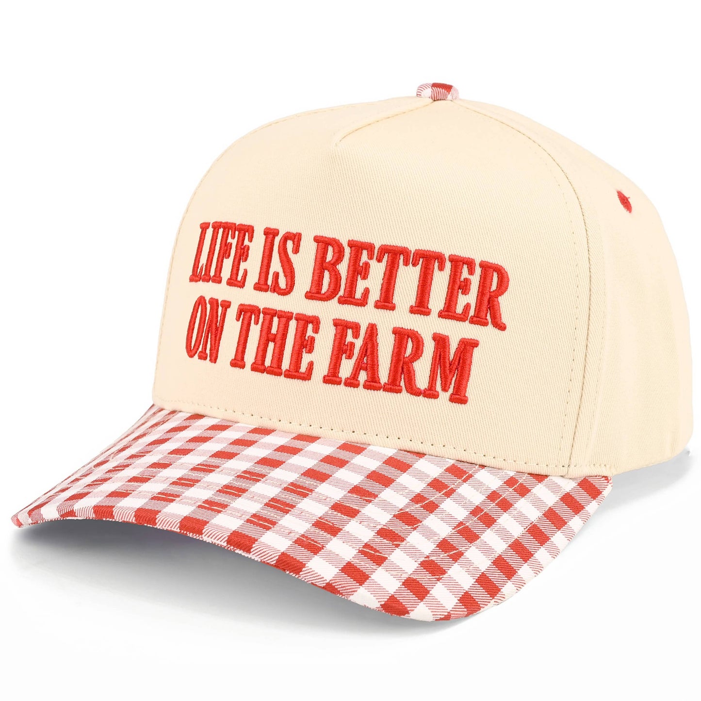 C.C LIFE IS BETTER ON THE FARM Letter Two Tone Trucker Hat: Red