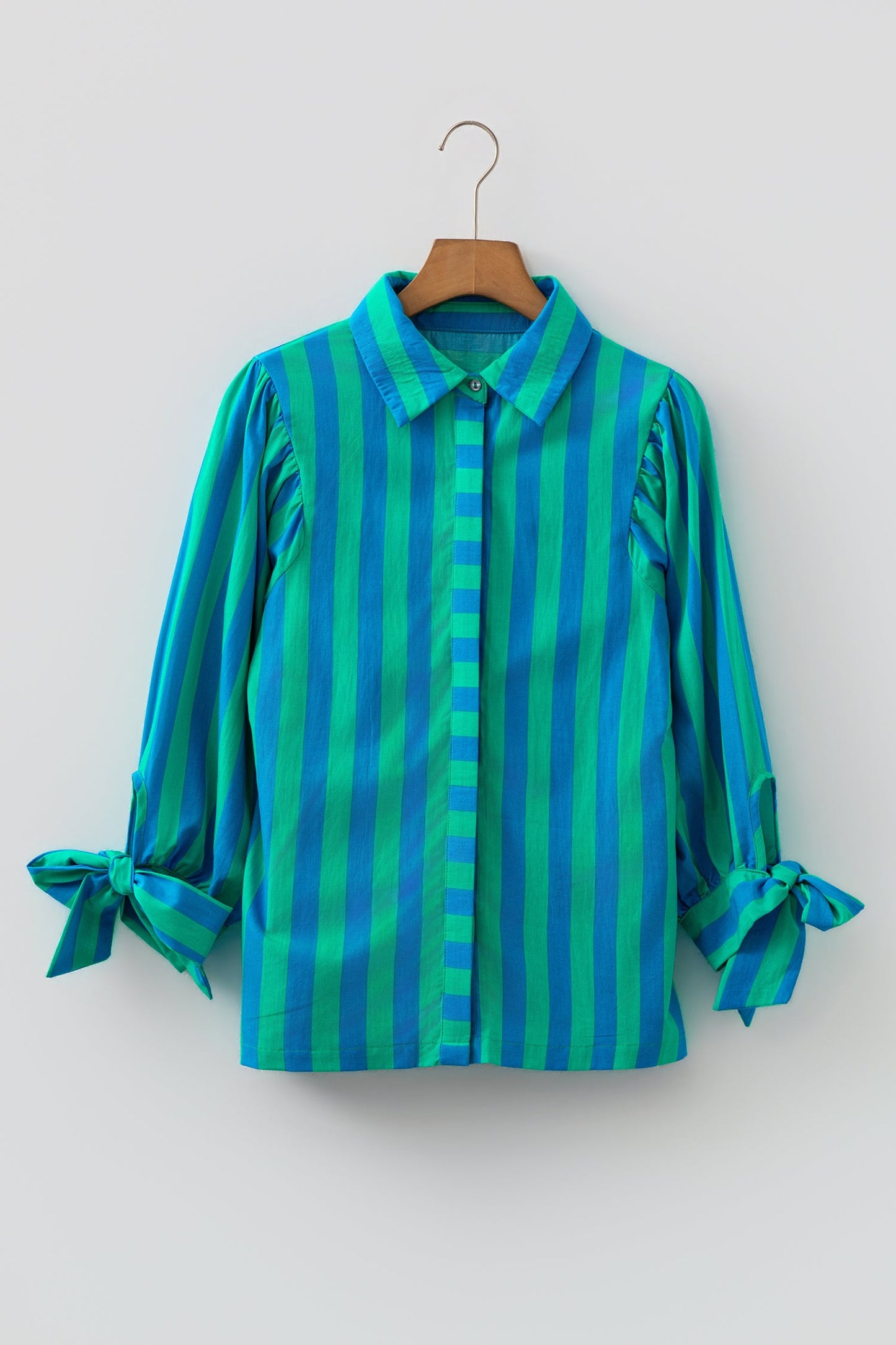 Stripe Tie Puff Sleeve Button Down Shirt