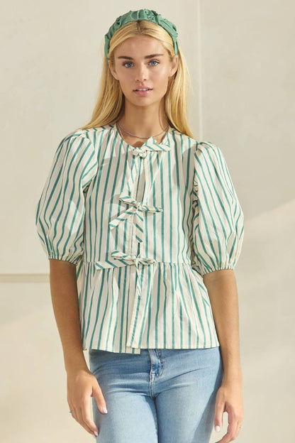 Plus Striped Cotton Poplin Front Tie Ribbon Blouse