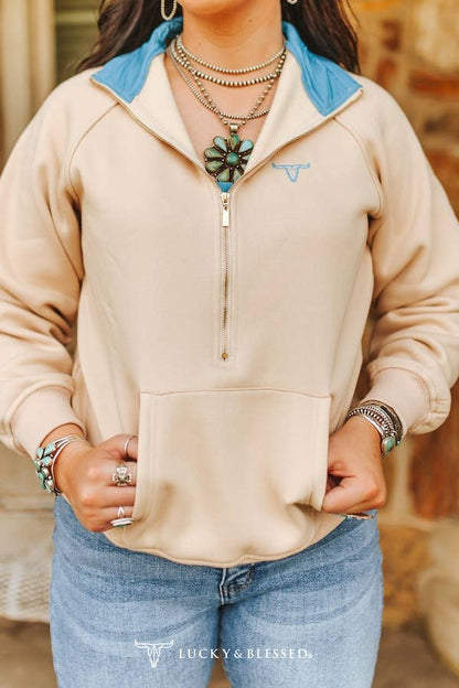 Sand Contrast Detail Quarter Zip Sweatshirt W Front Pocket