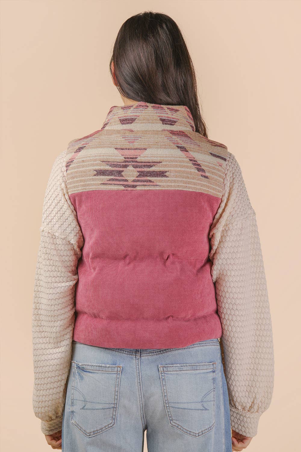Graphic Corduroy Casual Puffer Vest: MAUVE