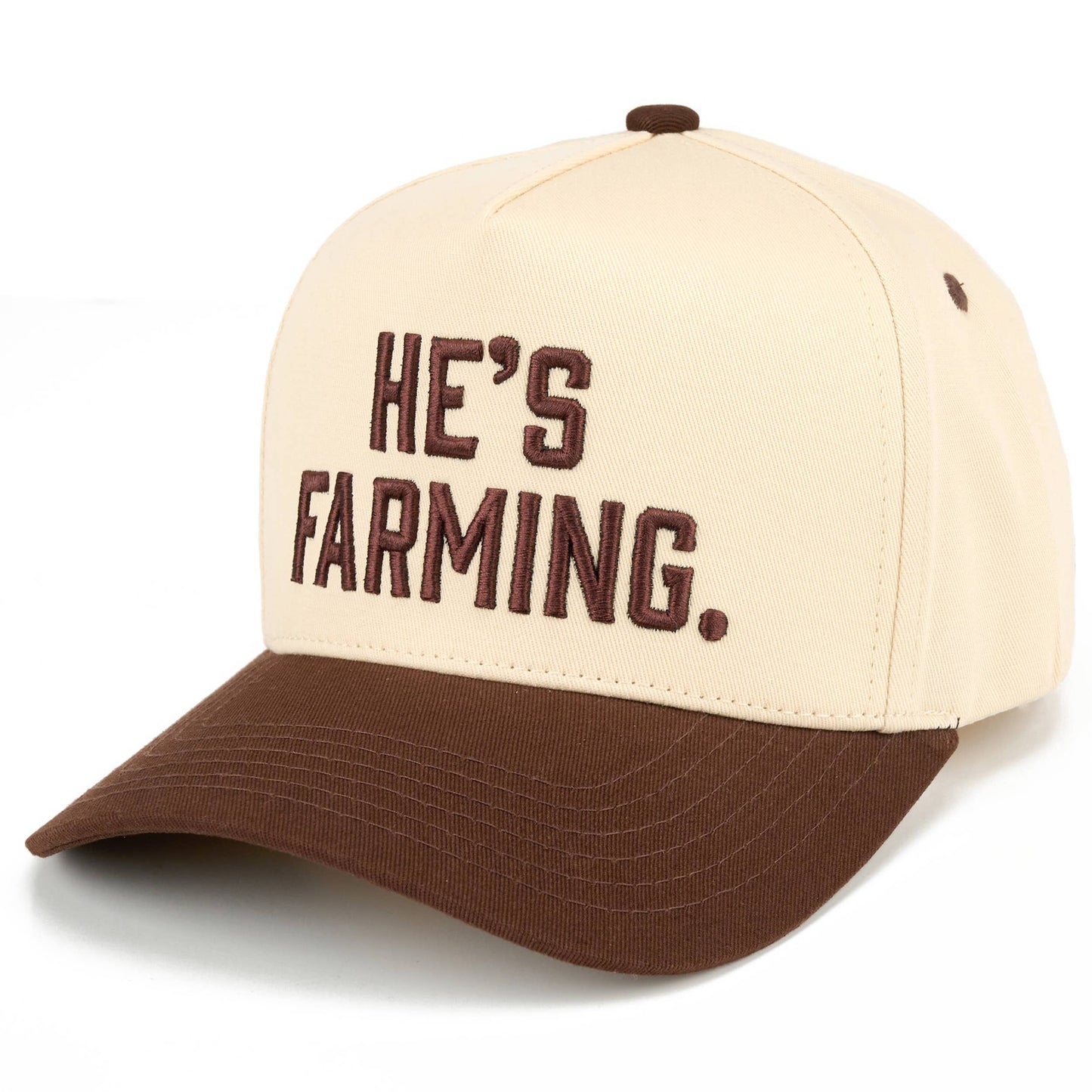 HE'S FARMING Letter Embroidered Two Tone Trucker Hat: Brown