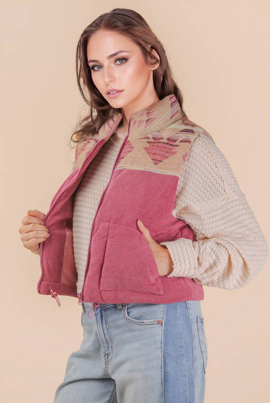 Graphic Corduroy Casual Puffer Vest: MAUVE