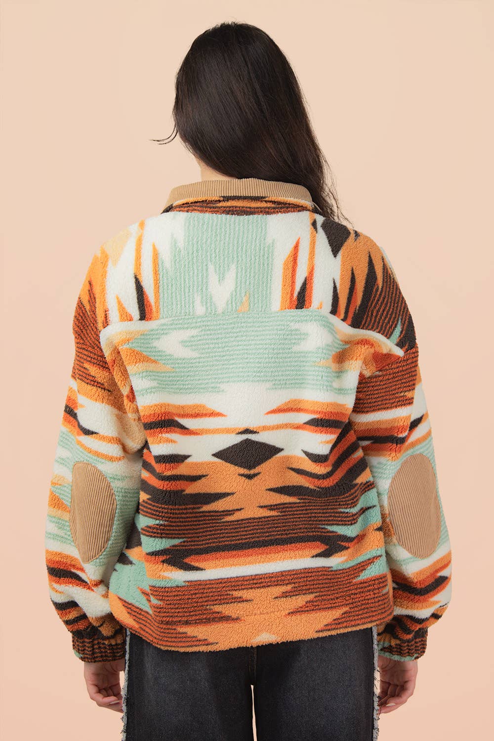 Half Zip Up Aztec & Teddy Bear Graphic Fleece Top