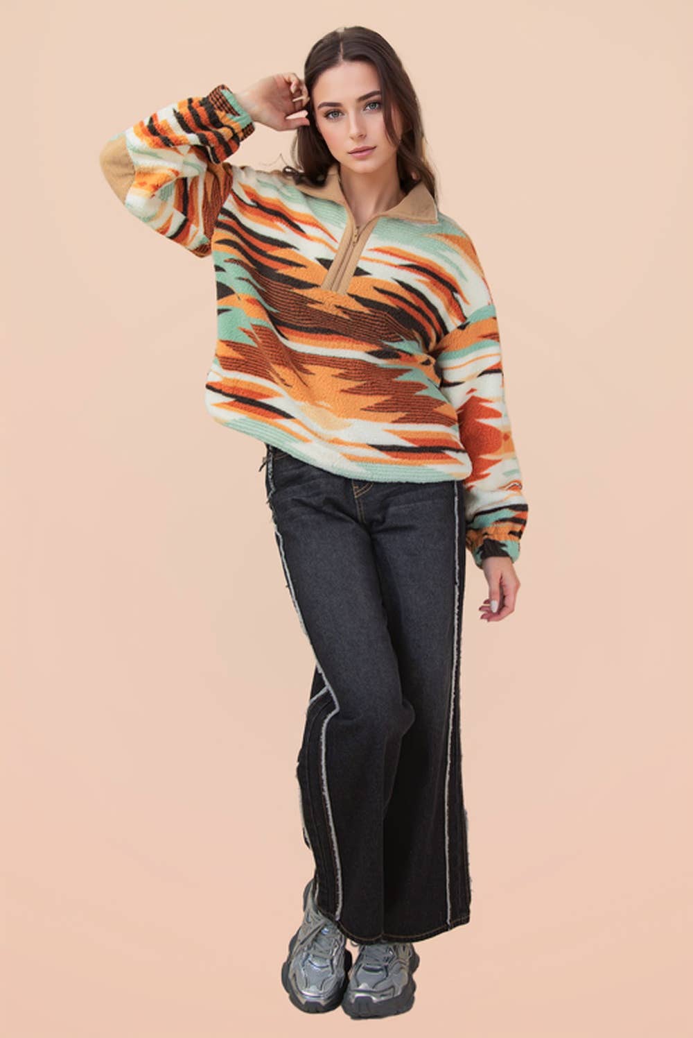 Half Zip Up Aztec & Teddy Bear Graphic Fleece Top