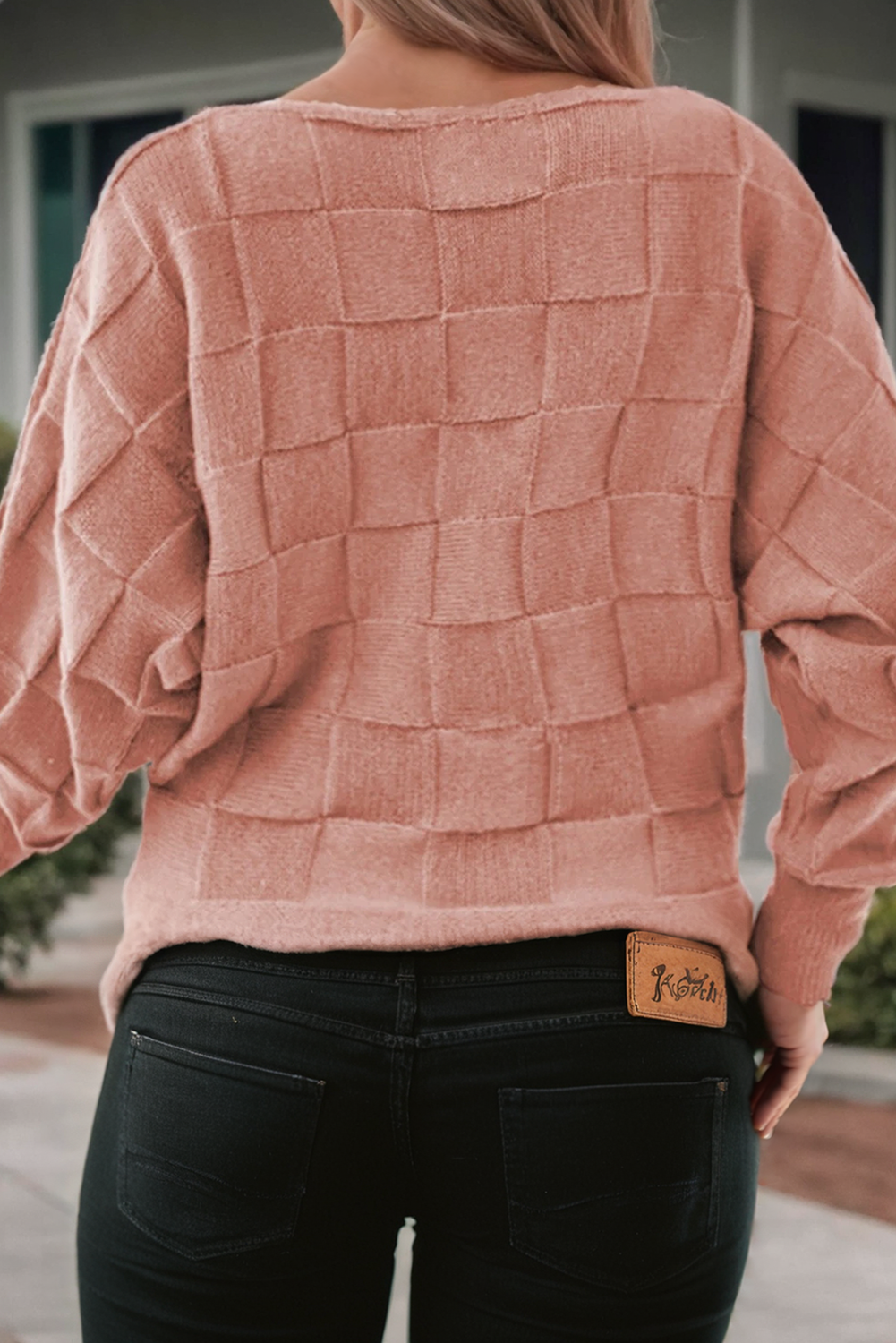 Textured Knit Patchwork Plus Size Sweater: Pink