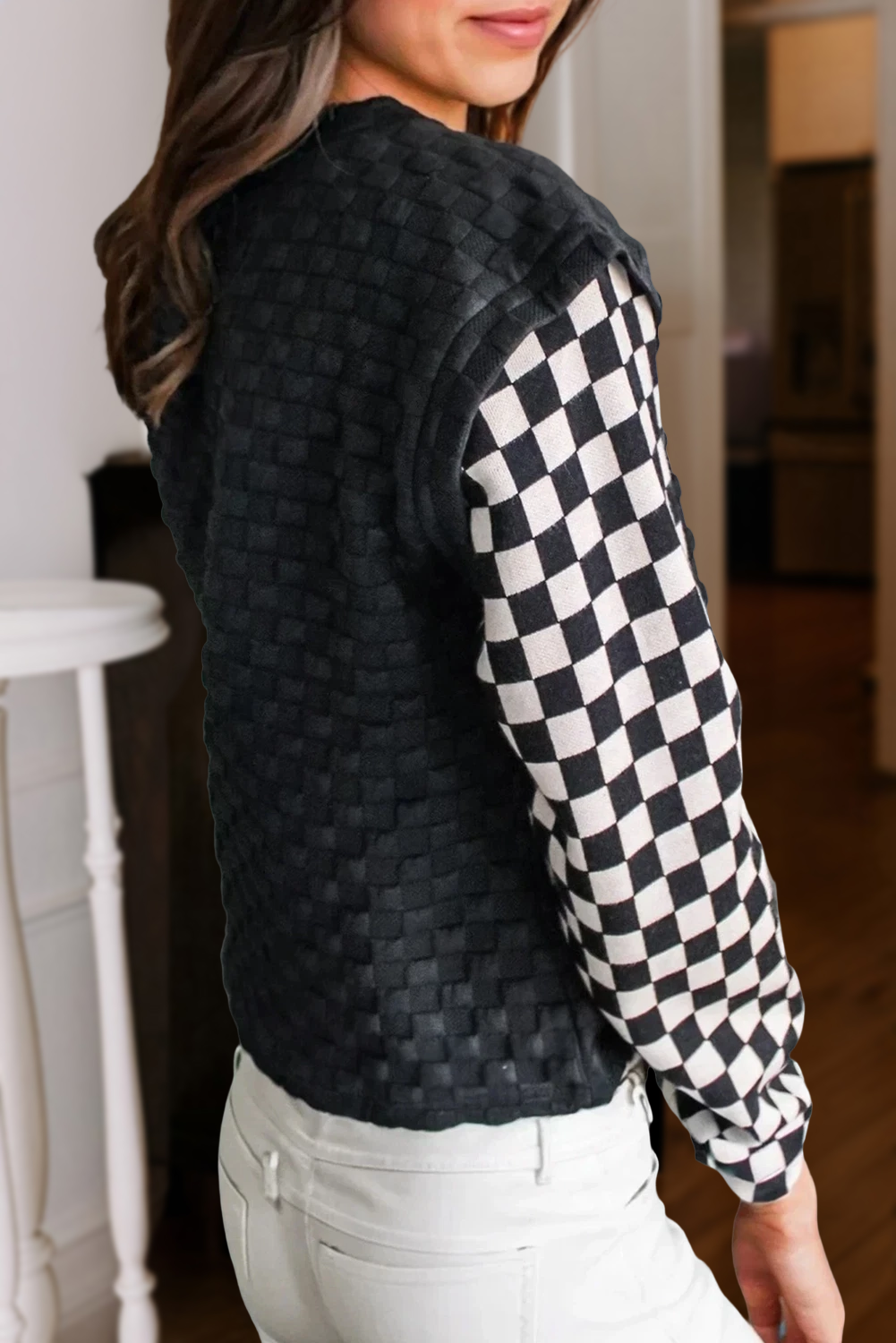 Texture Checkered Plaid Long Sleeve Top