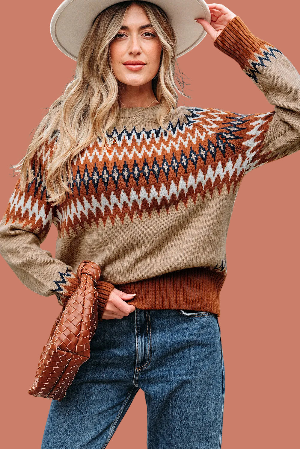 Western Aztec Geometric Colorblock Crewneck Sweater