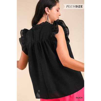 PLUS Layered Ruffle Sleeve Split Neck Top: BLACK