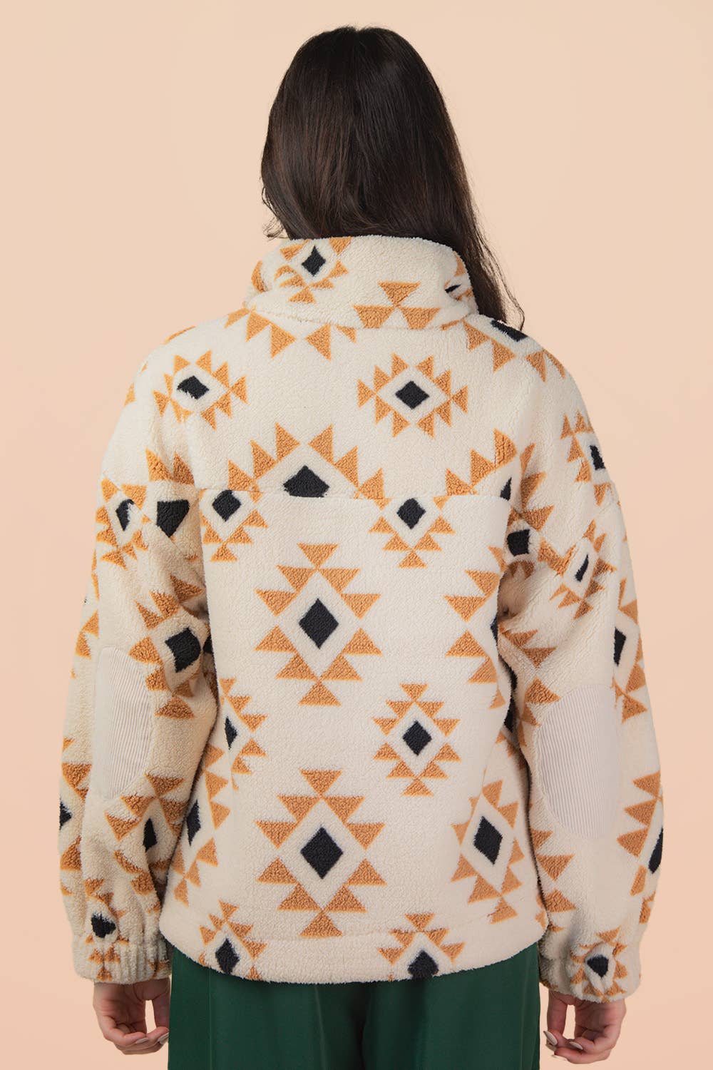 Half Zip Up Aztec & Teddy Bear Graphic Fleece Top