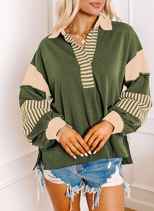 Versatile V-Neck Striped Color-Block Loose Sweatshirt