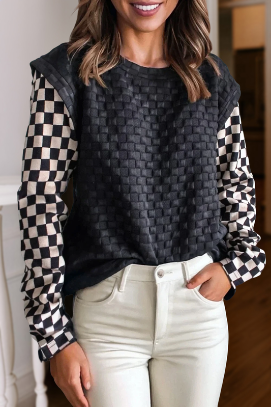 Texture Checkered Plaid Long Sleeve Top