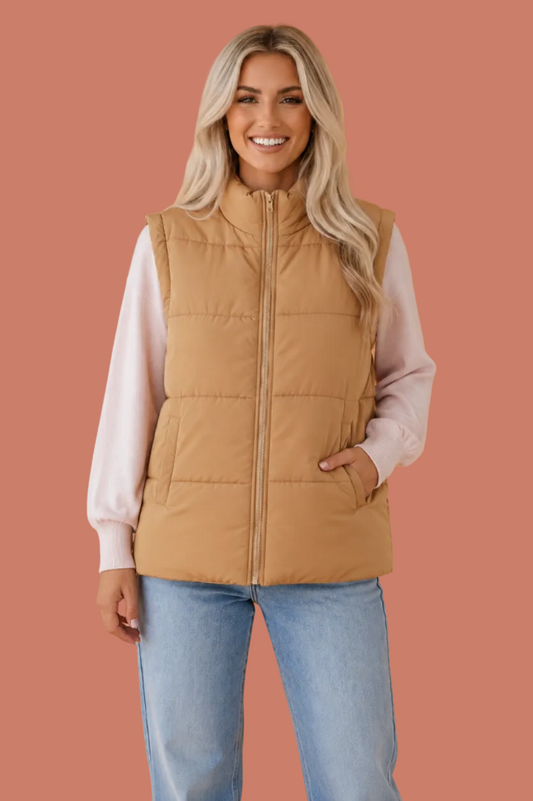 Solid Standing Collar Zip Up Oversized Puffer Vest