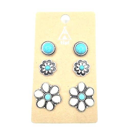 Western 3 Pair Turquoise Post Earring Set: TURQUOISE