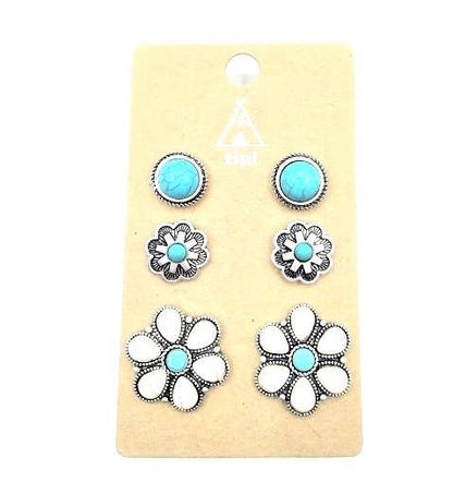 Western 3 Pair Turquoise Post Earring Set: TURQUOISE