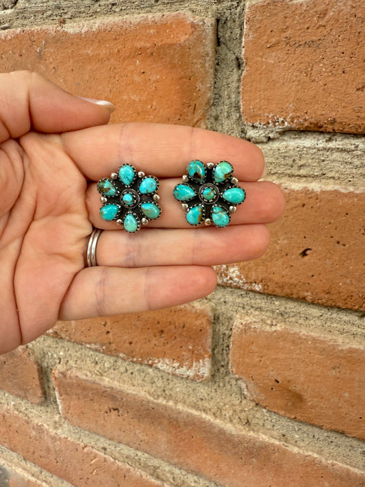 Handmade Flower Cluster Sterling Silver & Turquoise Post Earrings Signed Nizhoni 7 STONE