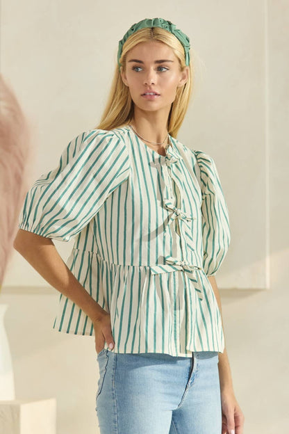Plus Striped Cotton Poplin Front Tie Ribbon Blouse