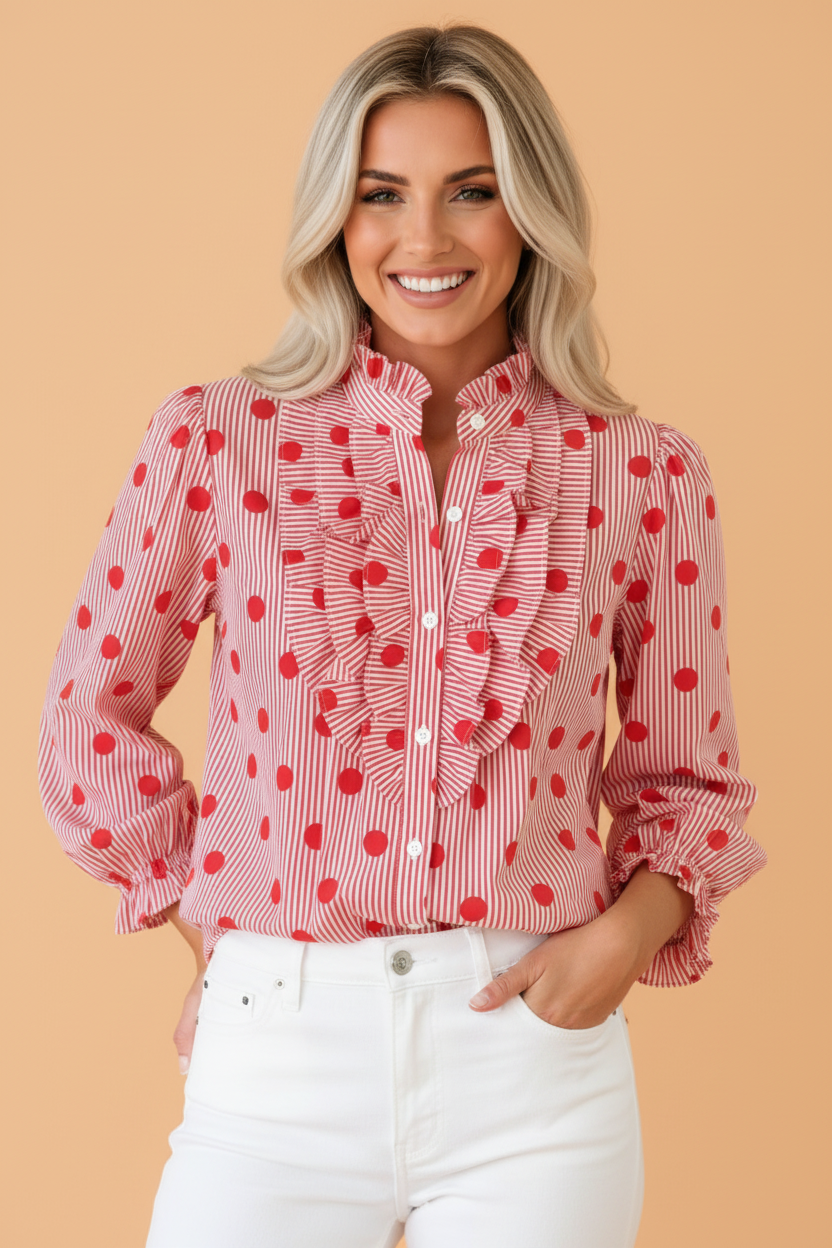 Polka Dot Stripe Ruffle 3/4 Sleeve Buttoned Shirt: Fiery Red