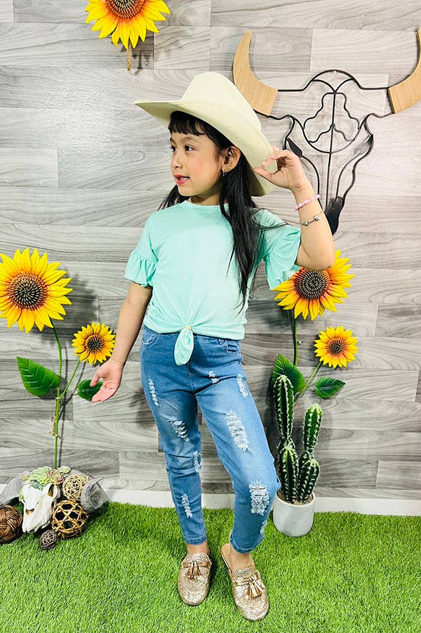 DLH2499 Solid aqua jersey short sleeve girls tops w/ruffles: L-4/5