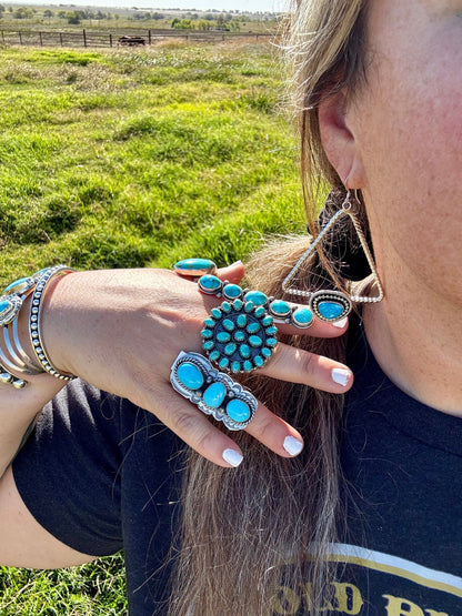 Long Ring- adjustable- Kingman turquoise ring and sterling silver