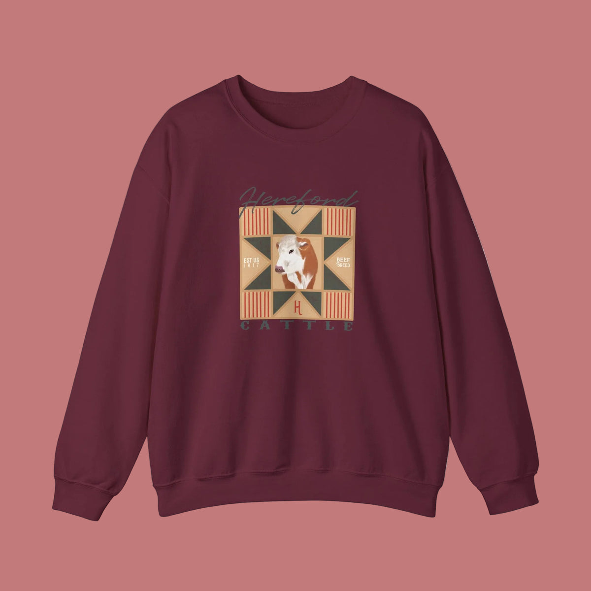 Hereford Cattle Quilt Crewneck Sweatshirt — Vintage Farmhouse Cow Graphic