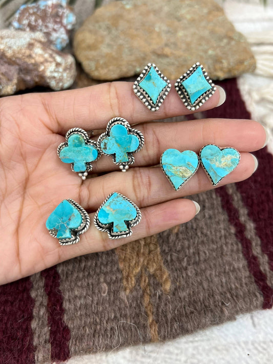 Handmade Sterling Silver Kingman Turquoise Post Studs with Signed Nizhoni: Spade
