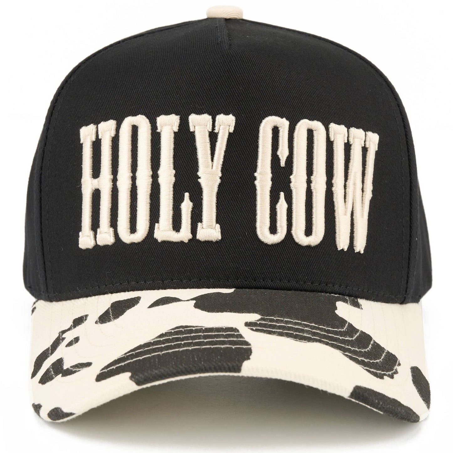 C.C HOLY COW Letter Embroidered Two Tone Trucker Hat: Black/Black