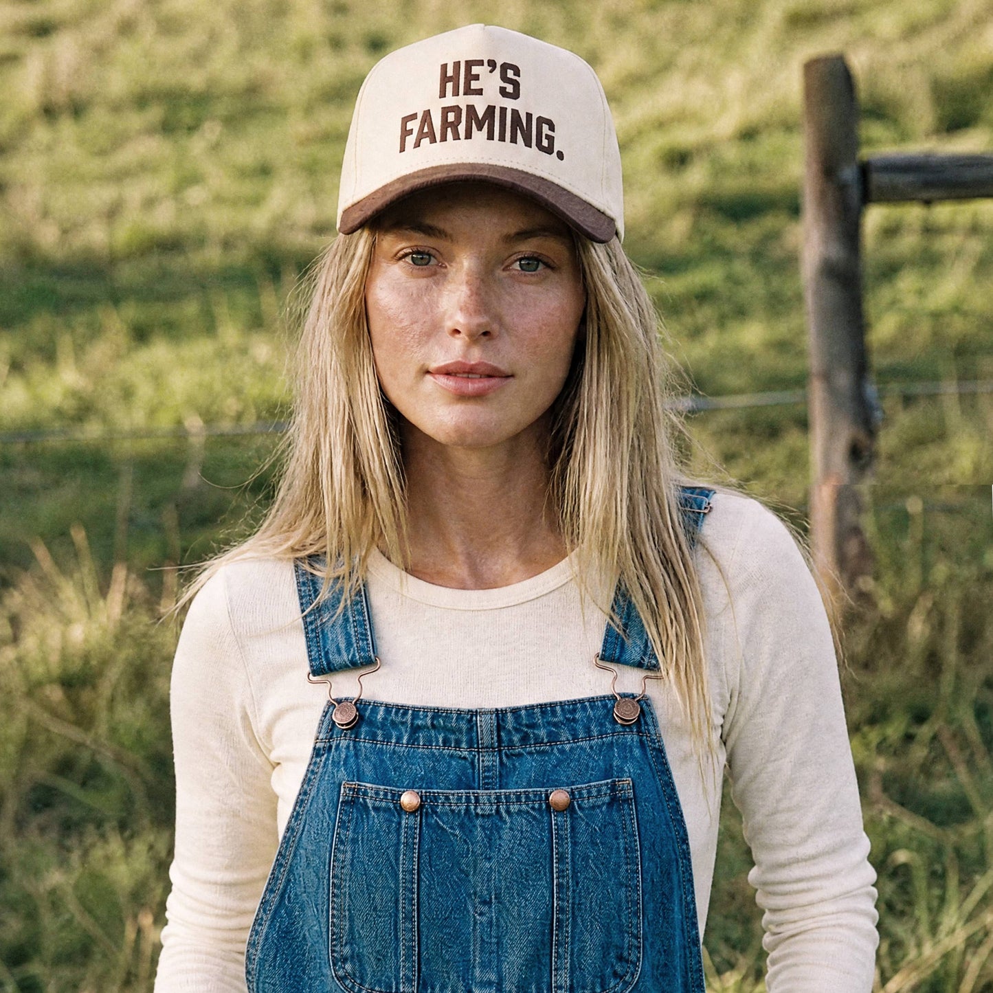 HE'S FARMING Letter Embroidered Two Tone Trucker Hat: Brown