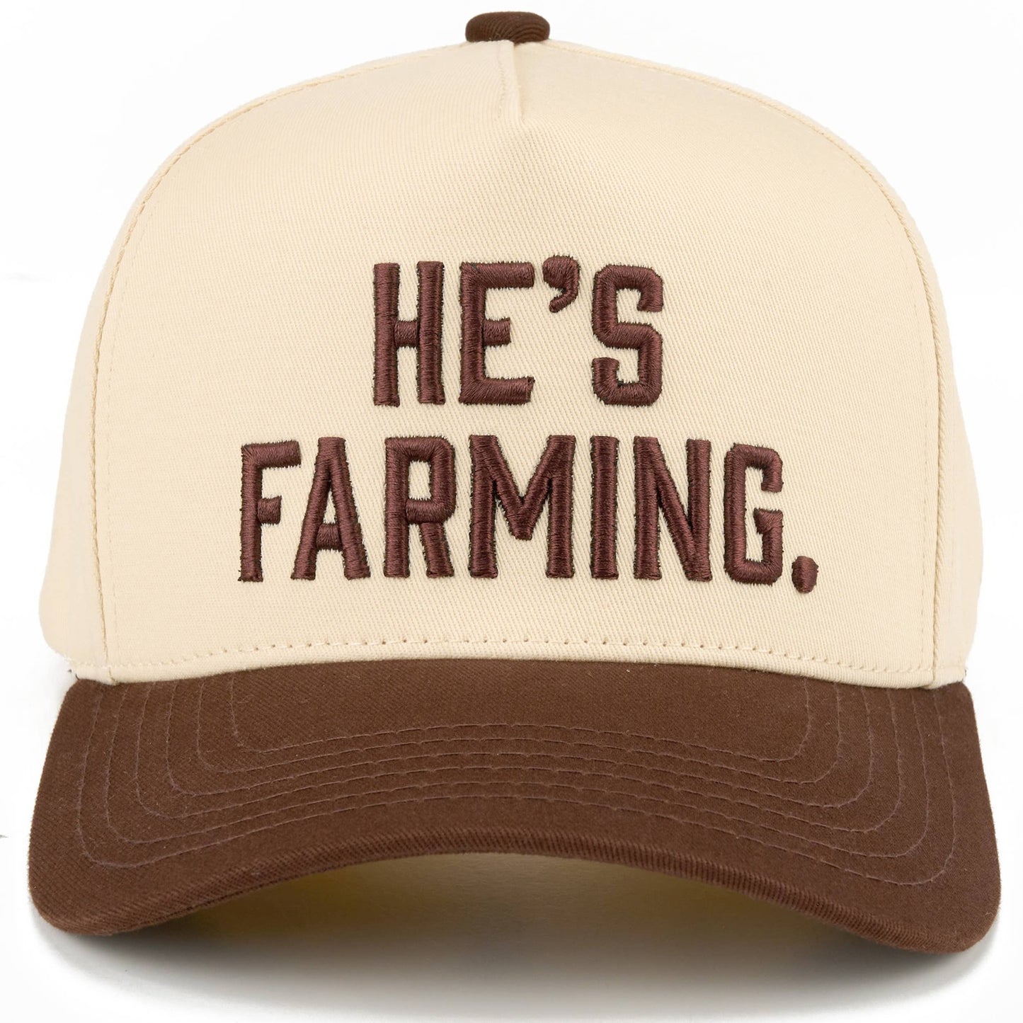 HE'S FARMING Letter Embroidered Two Tone Trucker Hat: Brown