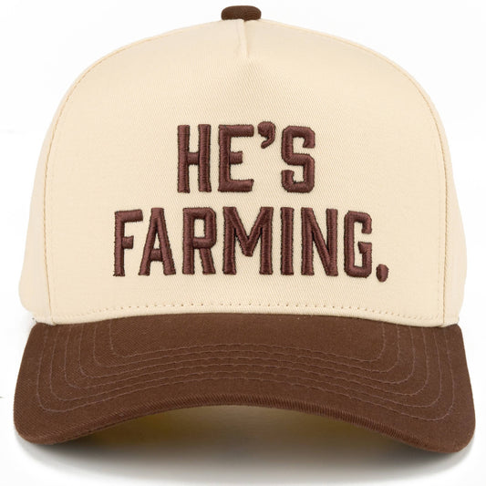 HE'S FARMING Letter Embroidered Two Tone Trucker Hat: Brown