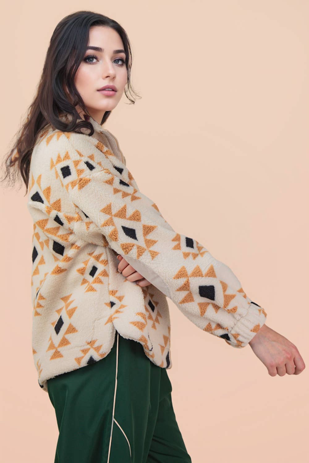 Half Zip Up Aztec & Teddy Bear Graphic Fleece Top