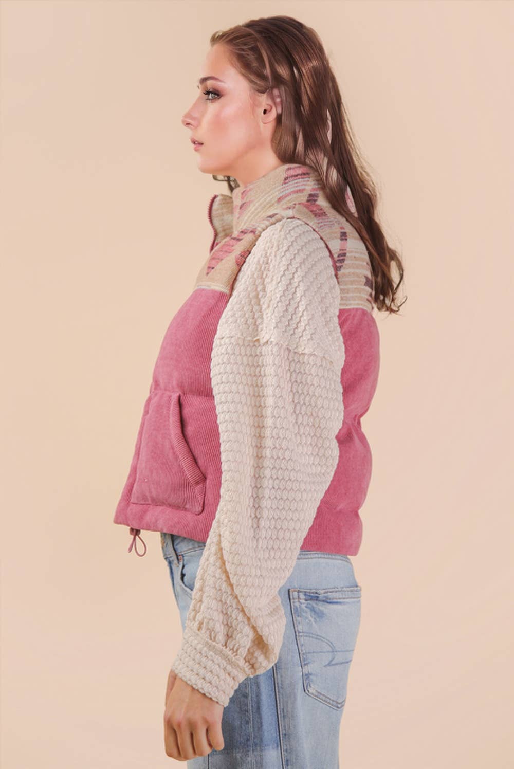 Graphic Corduroy Casual Puffer Vest: MAUVE
