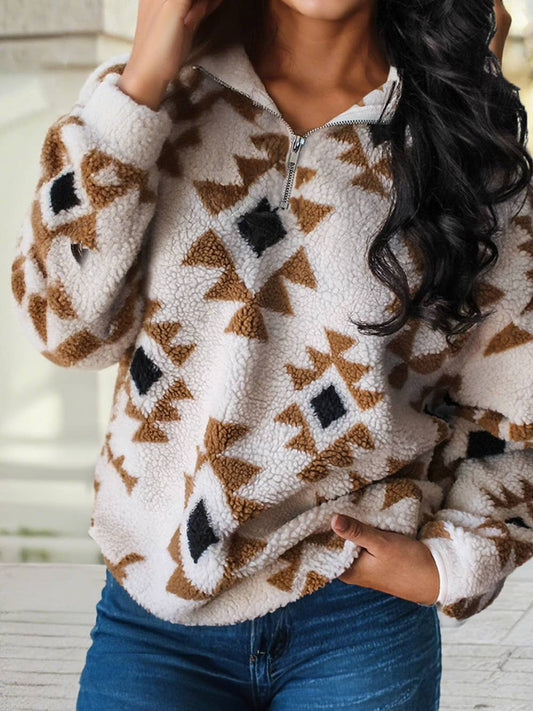 Western Print Sherpa Quarter Zip Collar Sweatshirt